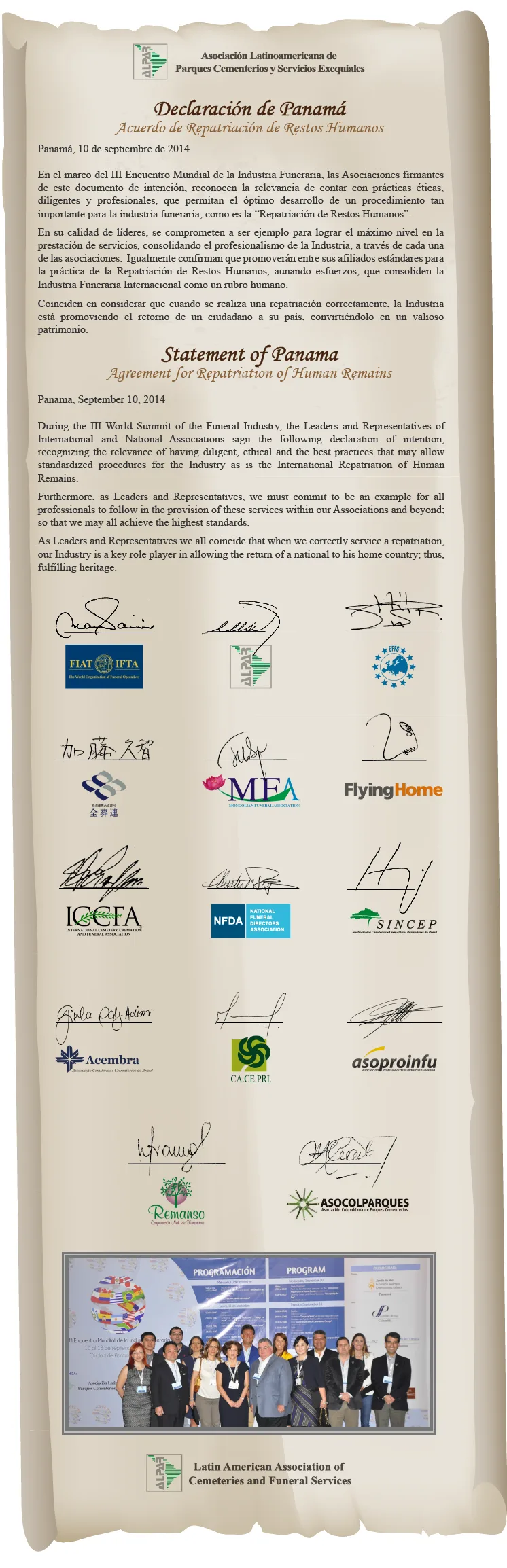 Declaración de Panamá — Acuerdo de Repatriación de Restos Humanos, con las firmas de las asociaciones miembros de ALPAR.